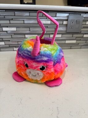 Plush Rainbow Unicorn Handbag with Pink Horn & Handle